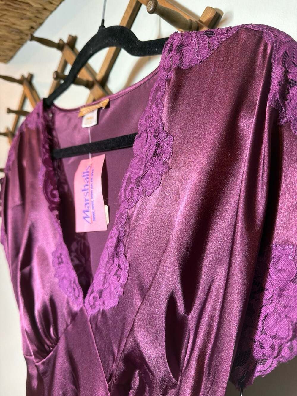 Sensara Mauve Solid Satin Lace Trim Maxi Nightgown, Size Small
